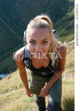 Hiker Explores Mountainous Terrain With Enthusiasm Near a Serene Lake on a Sunny Afternoon 131094131