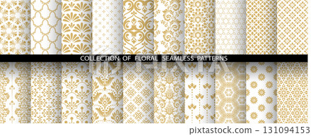 Geometric floral set of seamless patterns. White and golden vector backgrounds. Damask graphic ornaments 131094153