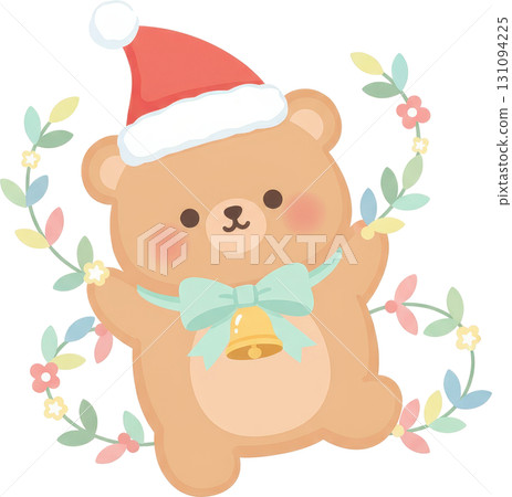 Cute teddy bear wearing Santa hat with festive wreath and bell Cute teddy bear wearing Santa hat with festive wreath and bell 131094225