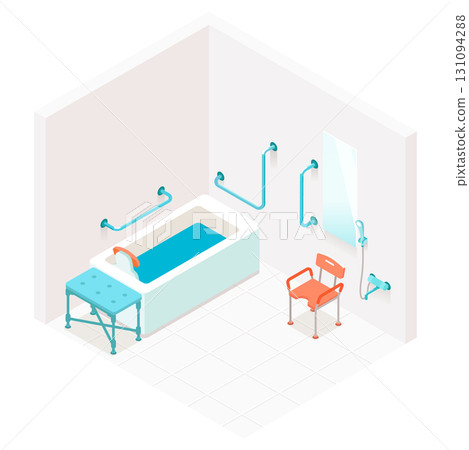 Isometric illustration of a barrier-free bathroom in a nursing home or hospice (with shower chair and handrails) 131094288