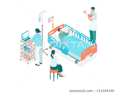 Isometric illustration of a scene where a hospitalized elderly patient and their family visit each other Isometric illustration of a scene where a hospitalized elderly patient and their family visit each other 131094290
