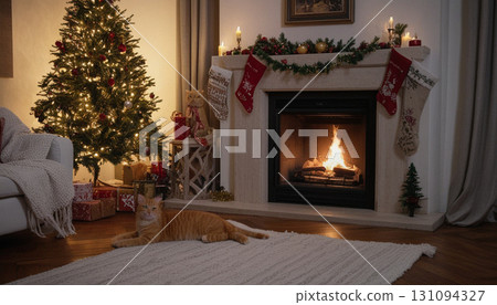 A living room with a fireplace 131094327