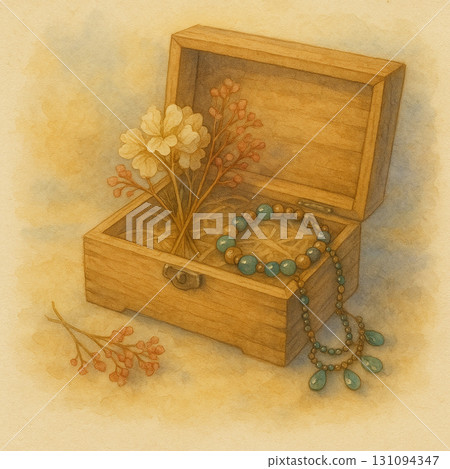 木質項鍊盒,帶有綠色松石圖案和溫暖的水彩畫 木質項鍊盒,帶有綠色松石圖案和溫暖的水彩畫 131094347