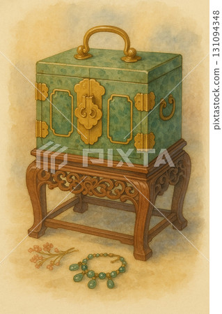 一幅綠色玉項鍊的水彩畫，帶有木雕底座和玉石圖案。 131094348