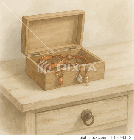 木製首飾盒插畫 手鐲與珍珠吊墜 簡約自然水彩場景 木製首飾盒插畫 手鐲與珍珠吊墜 簡約自然水彩場景 131094360