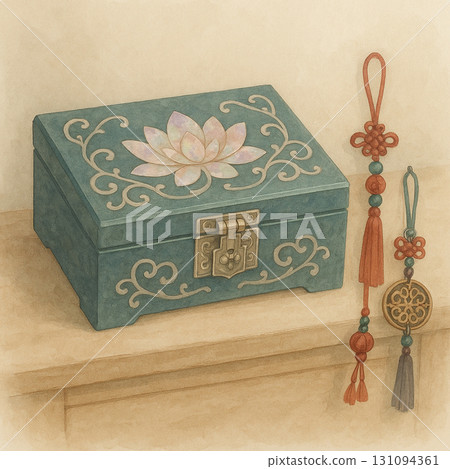 青綠色蓮花首飾盒插畫 搭配中國結與掛飾 東方水彩風格 131094361