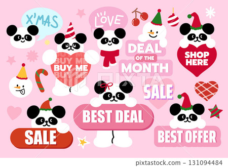 Cute Christmas sale icons such as best deal, shop here, deal of the month, best offer for online shopping, marketing, promotion, sticker, banner, special price, discount, banner, button, campaign 131094484
