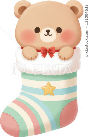 Cute cartoon bear peeking out of a festive Christmas stocking Cute cartoon bear peeking out of a festive Christmas stocking 131094632