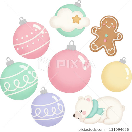 A charming collection of cute pastel Christmas ornaments like a cloud gingerbread man and a sleeping polar bear adorned with festive details for the holidays 131094636