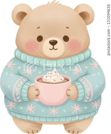 Cute teddy bear in a cozy sweater holding a mug of hot chocolate 131094638