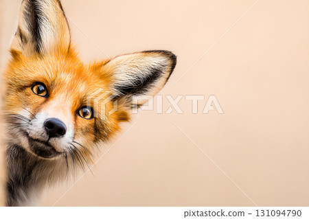 一隻狐狸從牆上探出頭來。一幅可愛的動物肖像。 一隻狐狸從牆上探出頭來。一幅可愛的動物肖像。 131094790
