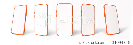 Realistic 3d orange smartphone mockup. Modern mobile phone with blank screen. Vector template for app design, advertising, ecommerce, technology presentation Realistic 3d orange smartphone mockup. Modern mobile phone with blank screen. Vector template for app design, advertising, ecommerce, technology presentation 131094866