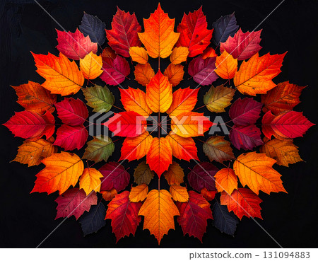 Autumn leaves in kaleidoscopic arrangement, showcasing perfect visual symmetry on black background 131094883