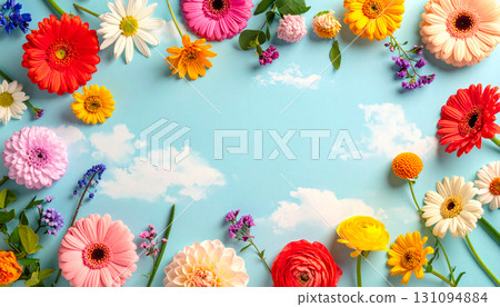 Spring holidays concept, Creative layout made with colorful flowers, Minimal nature background 131094884