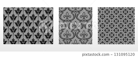 Geometric floral set of seamless patterns. Gray and black vector backgrounds. Damask graphic ornaments 131095120