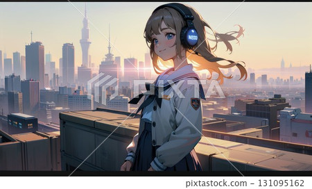 High school girl in a future city High school girl in a future city 131095162