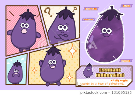 Cute eggplant character and nutritional information illustration (English version) 131095185