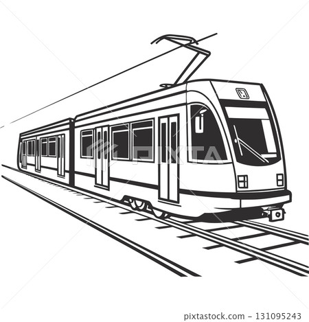 Black and White Line Art Illustration of a Modern Tram on Tracks 131095243