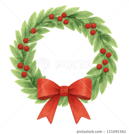 Christmas wreath illustration material (with ribbon and decorations / PNG cutout) 131095362