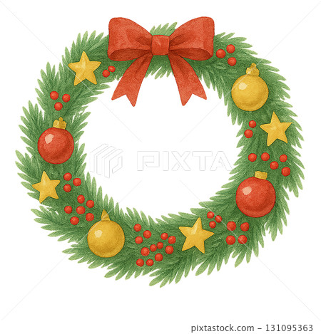 Christmas wreath illustration material (with ribbon and decorations / PNG cutout) 131095363