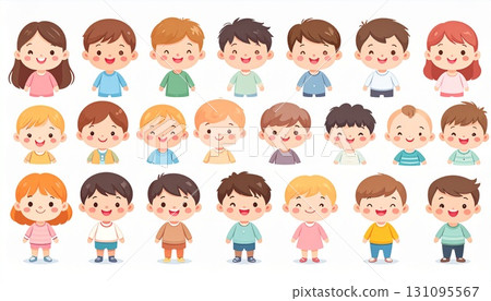 Cute kawaii children characters with cheerful faces, colorful outfits, diversity, friendship, joy, innocence, playfulness, childhood happiness, and togetherness 131095567