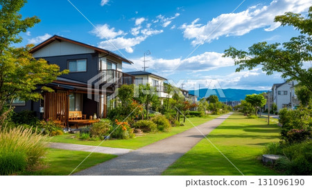 藍天白雲下的現代日本住宅街景 131096190