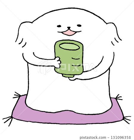A dog sitting on a cushion drinking tea A dog sitting on a cushion drinking tea 131096358