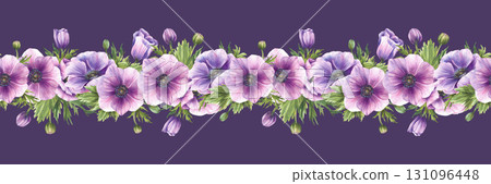 Anemones flowers with purple buds and green leaves seamless border. Watercolor greenery floral horizontal pattern design for textile printing Hand drawn isolated on dark violet background illustration 131096448