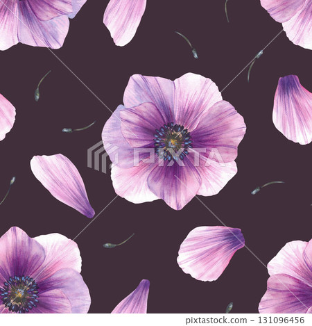 Watercolor purple flowers with petals with stamens from anemone buds seamless pattern. Hand drawn Pink windflowers, delicate floral fabric, wallpaper on Isolated dark coloured background illustration 131096456