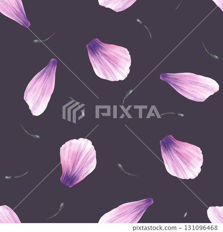 Watercolor petals with stamens from purple pink anemone flowers seamless pattern. Hand drawn gender windflowers illustration. Summer floral fabric, wallpaper on Isolated dark background illustration 131096468