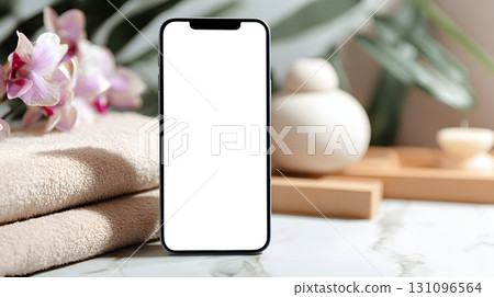 奢華室內擺放的智慧型手機模型。可用於應用程式和廣告設計。 131096564