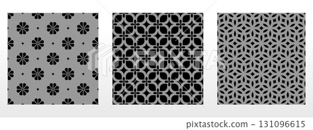 Geometric floral set of seamless patterns. Gray and black vector backgrounds. Damask graphic ornaments Geometric floral set of seamless patterns. Gray and black vector backgrounds. Damask graphic ornaments 131096615