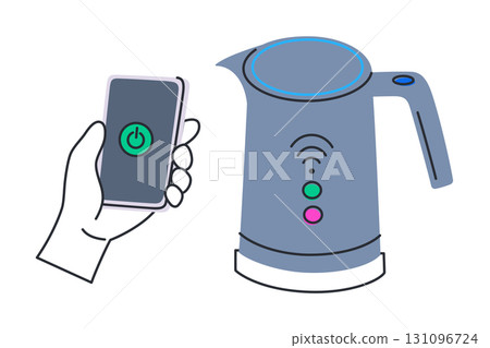 Smart kettle with Wi Fi control and smartphone connection. Flat cartoon vector illustration of modern kitchen appliance, home automation, remote control concept, smart home technology design Smart kettle with Wi Fi control and smartphone connection. Flat cartoon vector illustration of modern kitchen appliance, home automation, remote control concept, smart home technology design 131096724