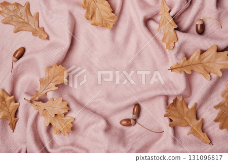 Autumn oak leaves and acorns frame on soft pink blanket, copy space 131096817