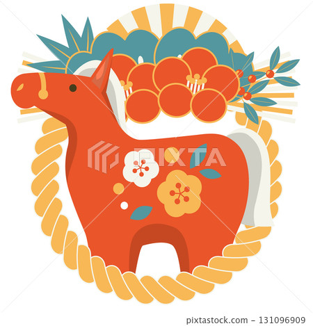 Year of the Horse New Year's card icon 02, retro color, red horse, double camellia decoration, cute, illustration 131096909