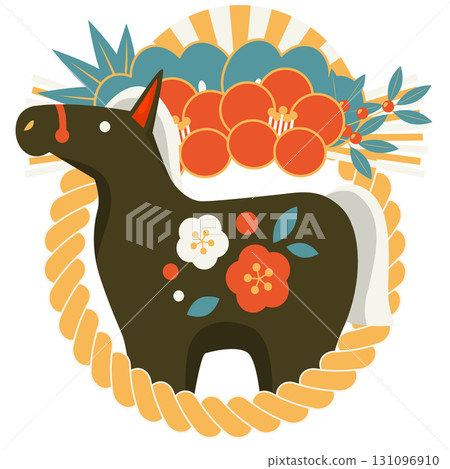 Year of the Horse New Year's card icon 02, retro color, black horse, double camellia decoration, cute, illustration Year of the Horse New Year's card icon 02, retro color, black horse, double camellia decoration, cute, illustration 131096910