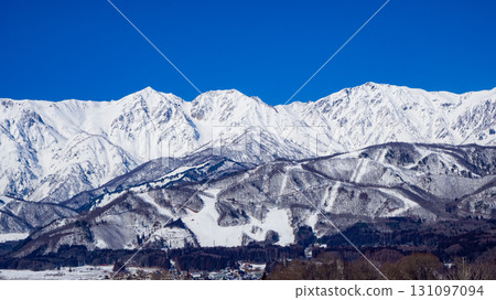 Clear skies and snow-capped Northern Alps, Hakuba Village, Nagano Prefecture 131097094