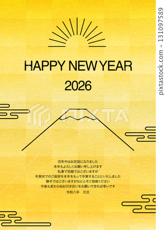 Japanese-style New Year's card for 2026, simple line drawing of Mt. Fuji and the first sunrise with gold leaf background Japanese-style New Year's card for 2026, simple line drawing of Mt. Fuji and the first sunrise with gold leaf background 131097589