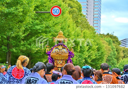 Mikoshi procession at the annual festival of Shinjuku Jyusansha Kumano Shrine, Tokyo 131097682