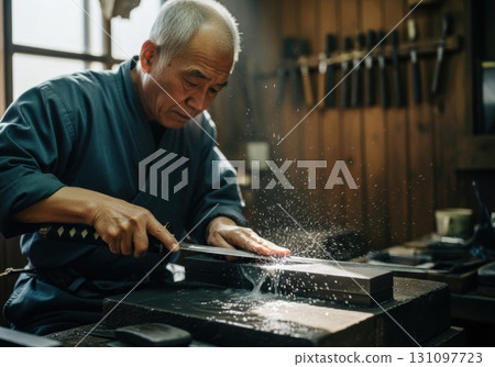 一位技藝精湛的工匠正在拋光劍的肖像 一位技藝精湛的工匠正在拋光劍的肖像 131097723