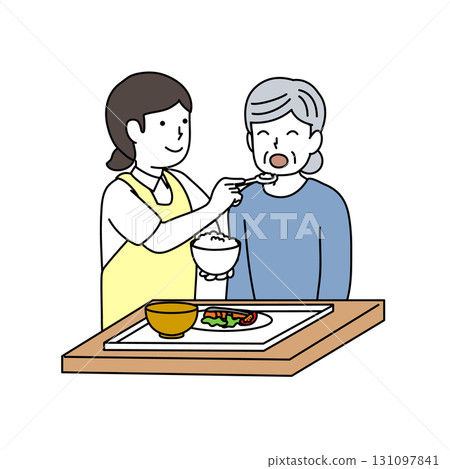 A caregiver assisting elderly people with meals 131097841