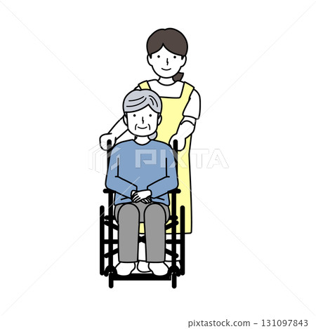 護理人員協助一位坐輪椅的老人 護理人員協助一位坐輪椅的老人 131097843