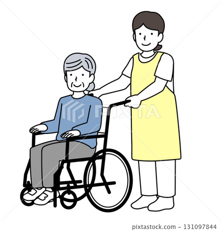 護理人員協助一位坐輪椅的老人 131097844