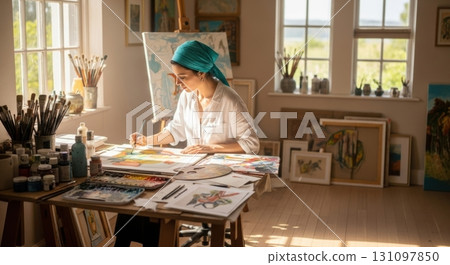 一位女藝術家在室內作畫 131097850
