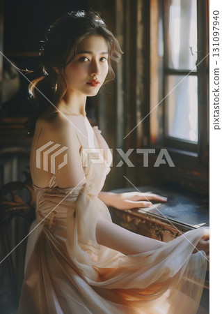 一位時尚美麗的日本女性在窗邊休息（豎圖） 131097940