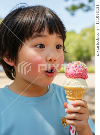 A boy eating ice cream deliciously A boy eating ice cream deliciously 131098181