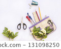 stationary with bag education arrangement flat lay style  131098250
