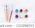 paints, brush and color drawing of lifestyle arrangement flat lay style 131098253