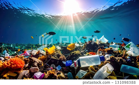 AI image: A lot of plastic waste sunk to the bottom of the ocean 131098388