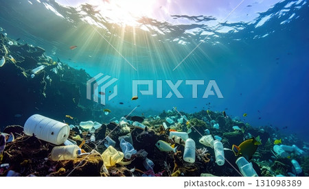 AI image: A lot of plastic waste sunk to the bottom of the ocean 131098389